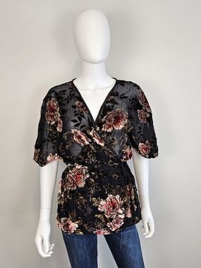 Angie Black Light Weight Velvet Floral Tie Front Blouse Sz L